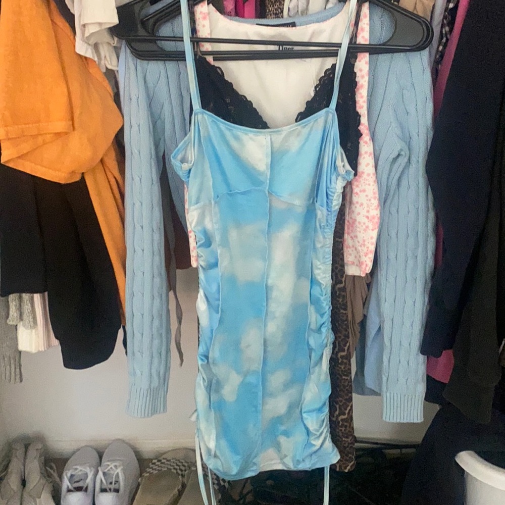 blue cloudy ruched dress